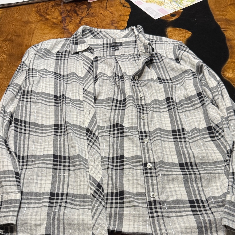 Talbots Womens Black and White Plaid Button Down Shirt